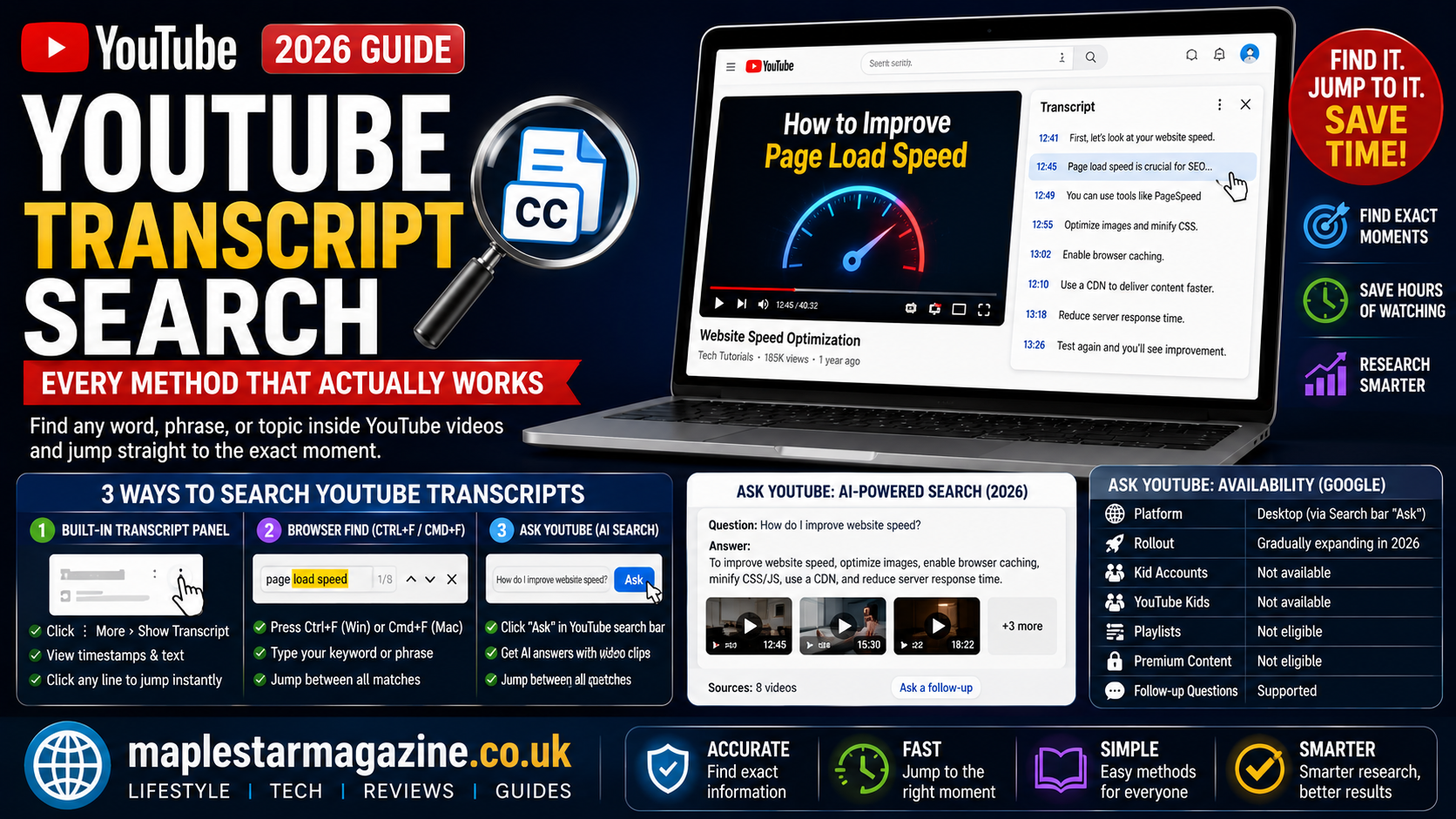 YouTube transcript search using the built-in transcript panel